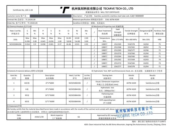 Sample EN 10204 3.1 mill test certificate for ASTM A269 316L stainless tube